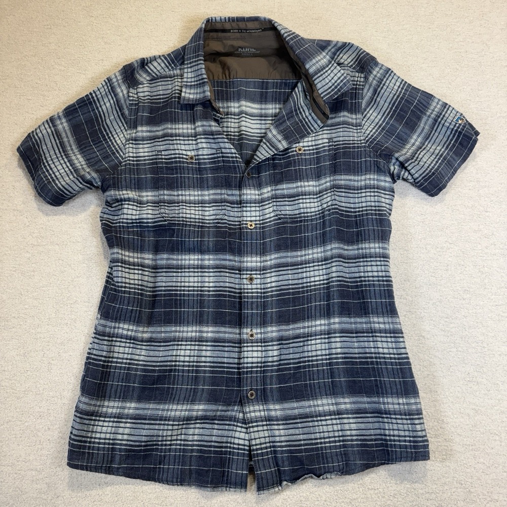 KUHL Skorpio Short Sleeve Button Down Shirt Mens Small Plaid Volcanic Lake‎